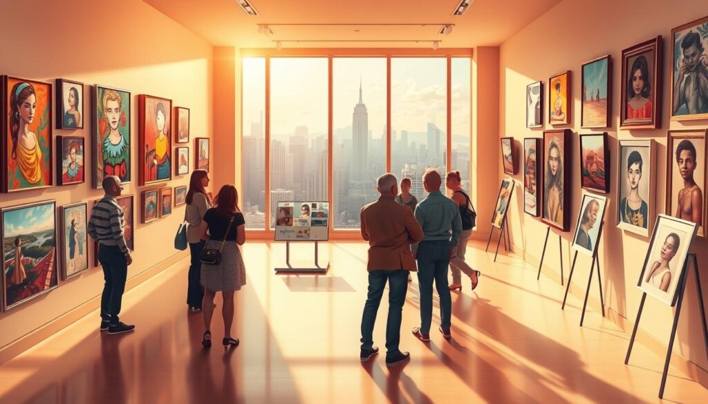 A serene digital art gallery, showcasing a vibrant collection of paintings and drawings. The space is flooded with warm, natural lighting that filters through large windows, casting a soft glow on the artwork. The walls are adorned with a variety of framed pieces, ranging from abstract expressionist works to detailed, realistic portraits. The layout is clean and minimalist, allowing the art to take center stage. In the foreground, a group of art enthusiasts examines the pieces, their faces lit with appreciation. In the middle ground, a sleek, modern display stands holds additional artworks, while the background reveals a panoramic view of a bustling urban skyline, hinting at the gallery's prestigious location. The overall atmosphere evokes a sense of creativity, inspiration, and a celebration of the artistic spirit.